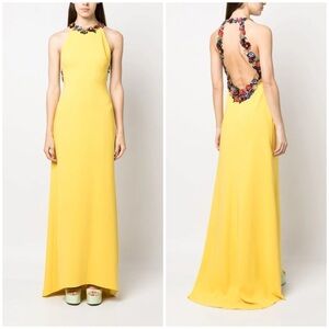 NWT Oscar de la Renta Floral Motif Open Back Dress Yellow Maxi Gown Beaded Sz 6